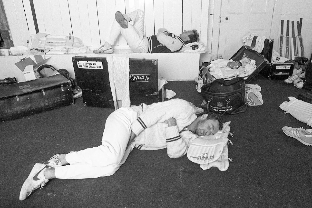 Stuart Saunders &amp; Michael Tame (on the floor), during a rained-out match, Tasmania v India, TCA Ground, Hobart, December 1985 
