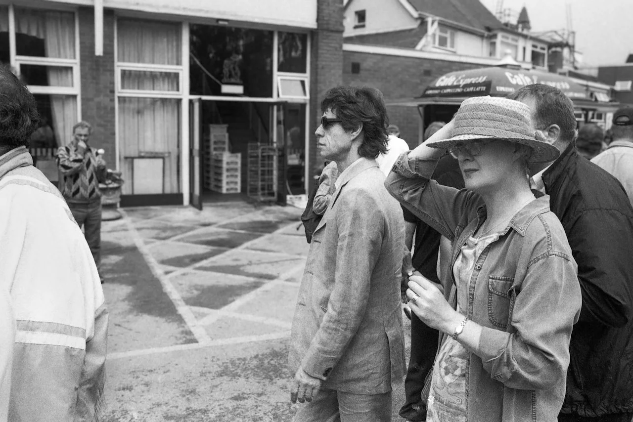 Mick Jagger heads to a marquee for lunch, first day of the First Ashes Test, Edgbaston, Birmingham, July 2001 