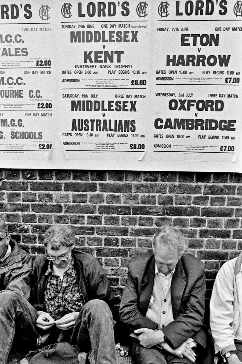 Unemployed men wait outside Lord’s for work cleaning the ground after stumps, Second Ashes Test, June 1997 
