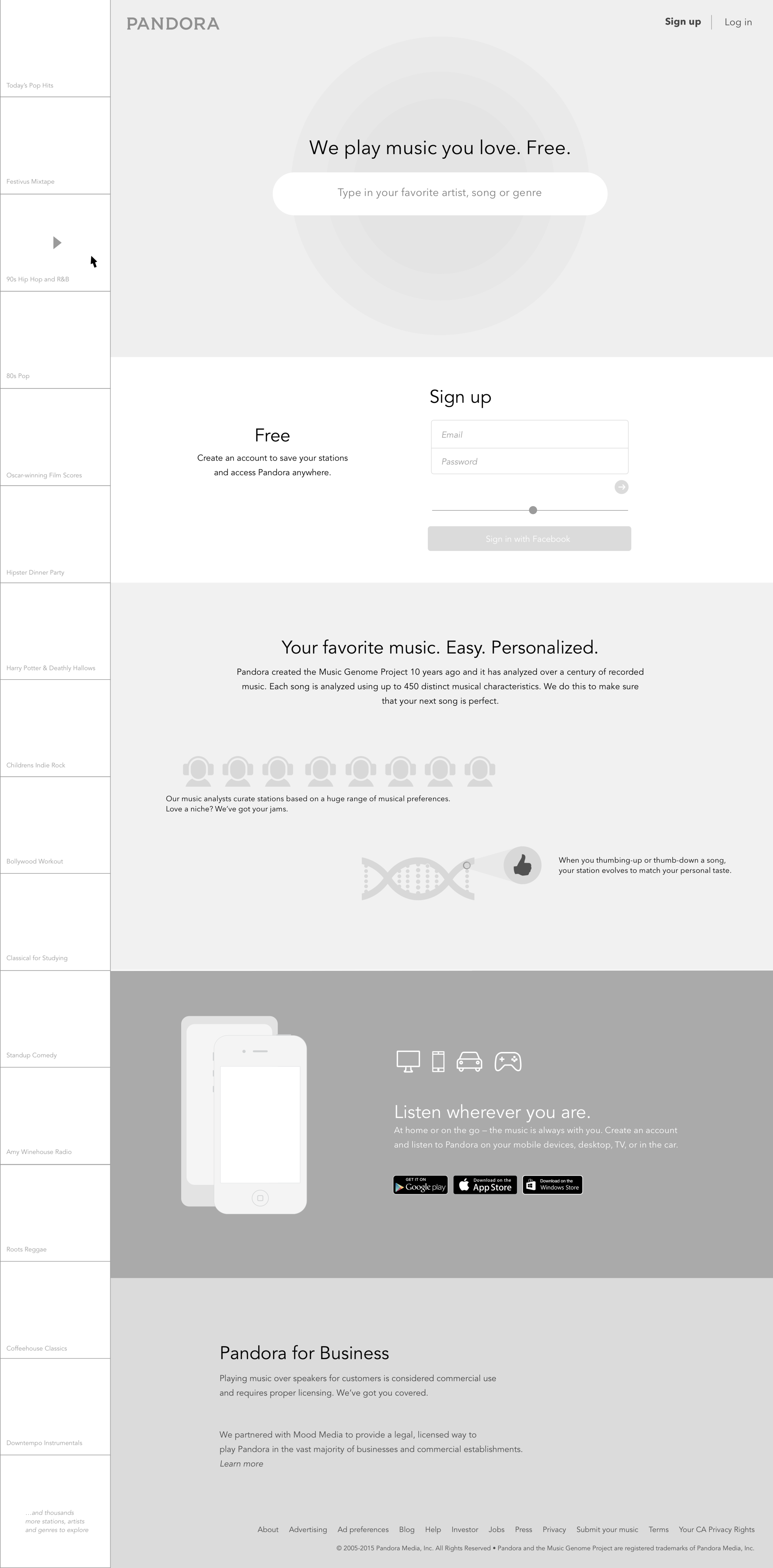 One of many early wireframes developed during ideation sessions for the new landing page. This version became the existing pandora.com site.