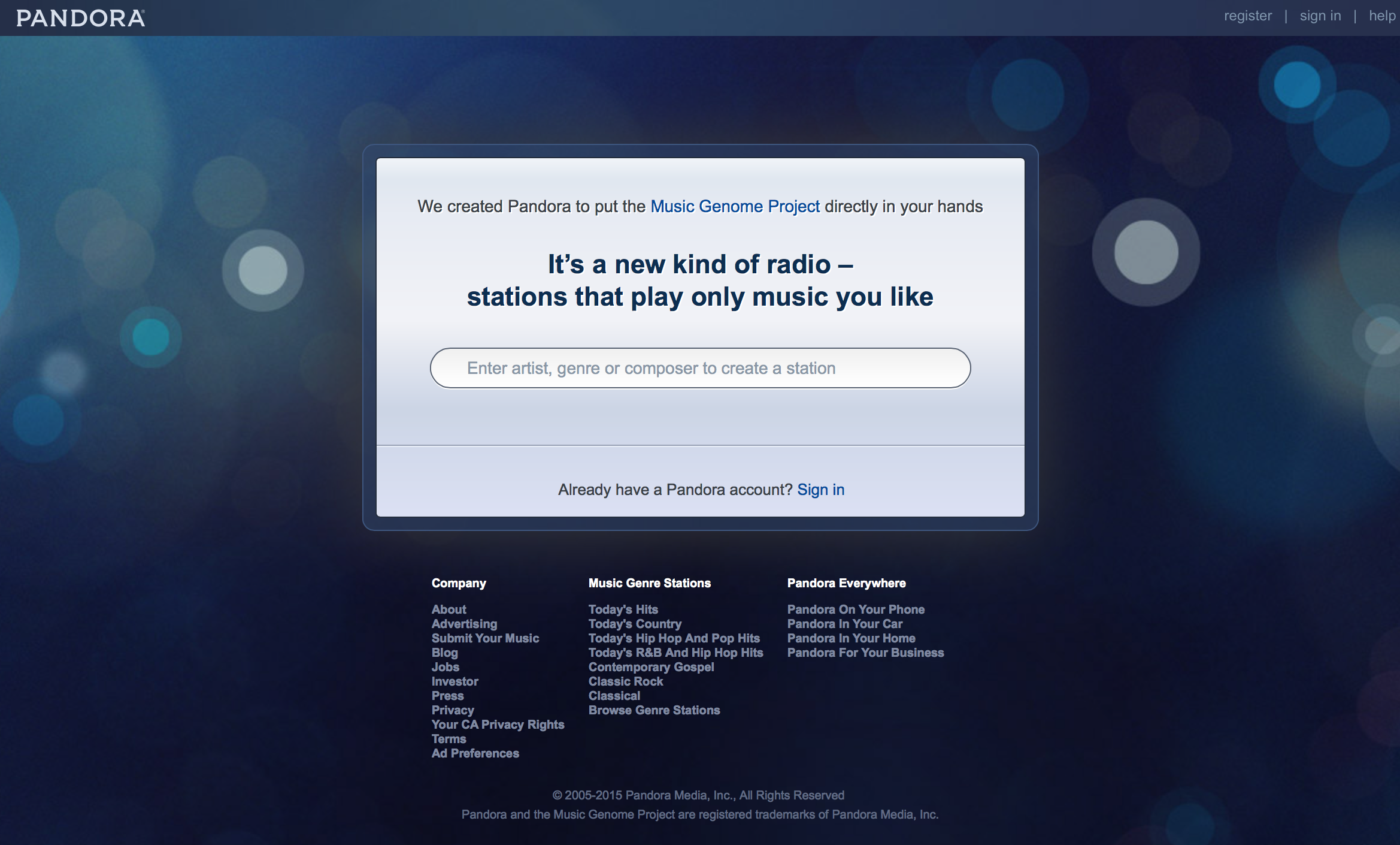 "Before" - Pandora's landing page for several years before this project.