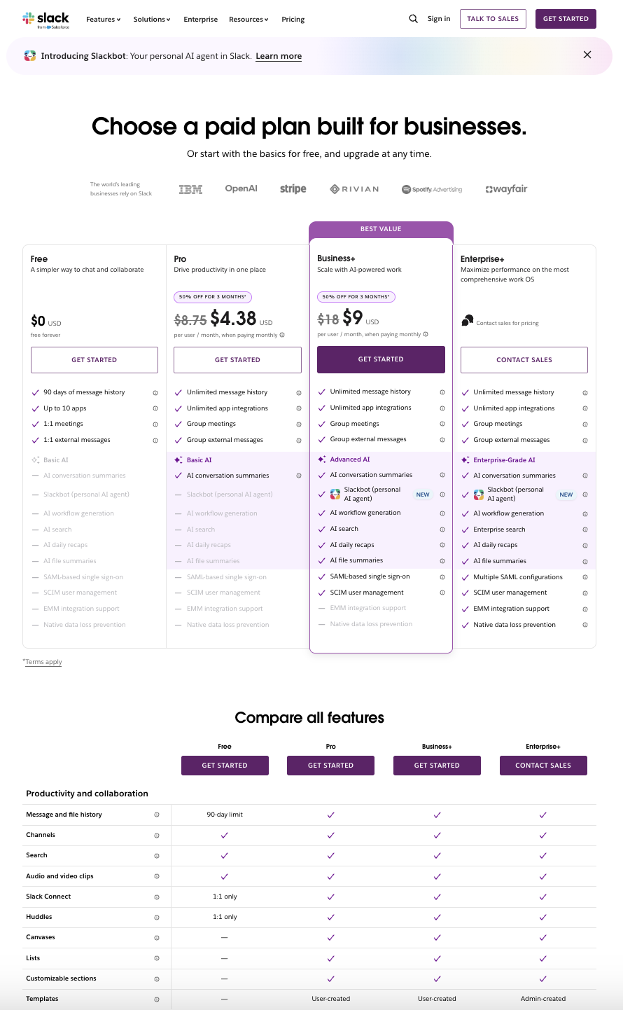 screenshot of slack's pricing page