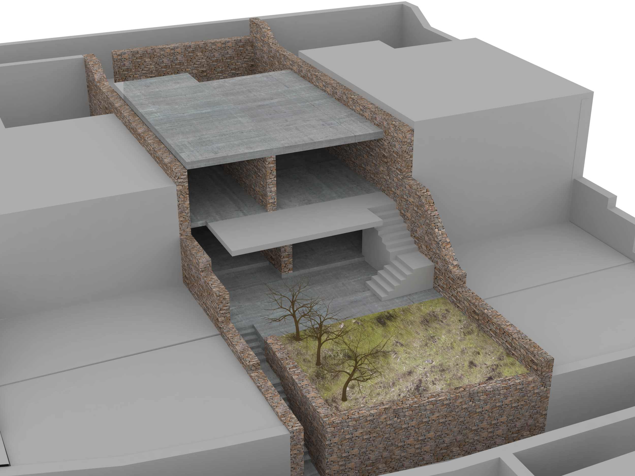 Highlight the exposed concrete