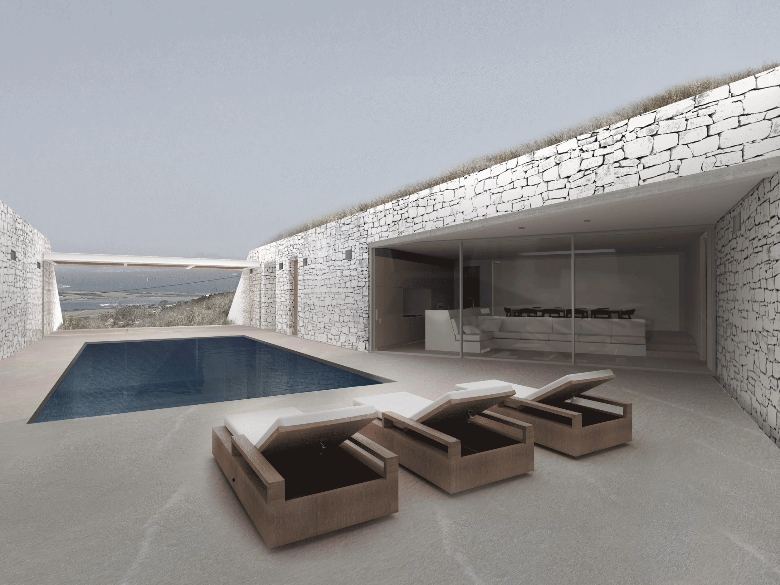 Pool Courtyard Perspective - Wind Blocking Sliding Panels