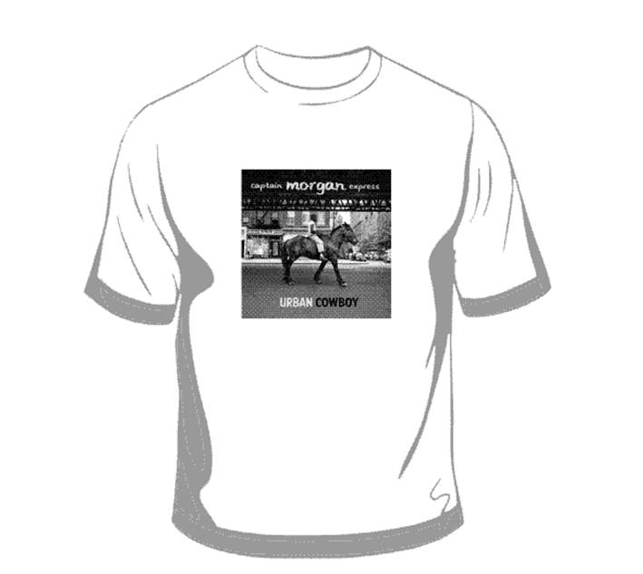 Wit T-shirt met cd hoes Urban Cowboy, € 10,=. Dames maten: S, M, L, XL. Herenmaten: S, M, L, XL, XXL T-shirts zijn momenteel compleet uitverkocht!