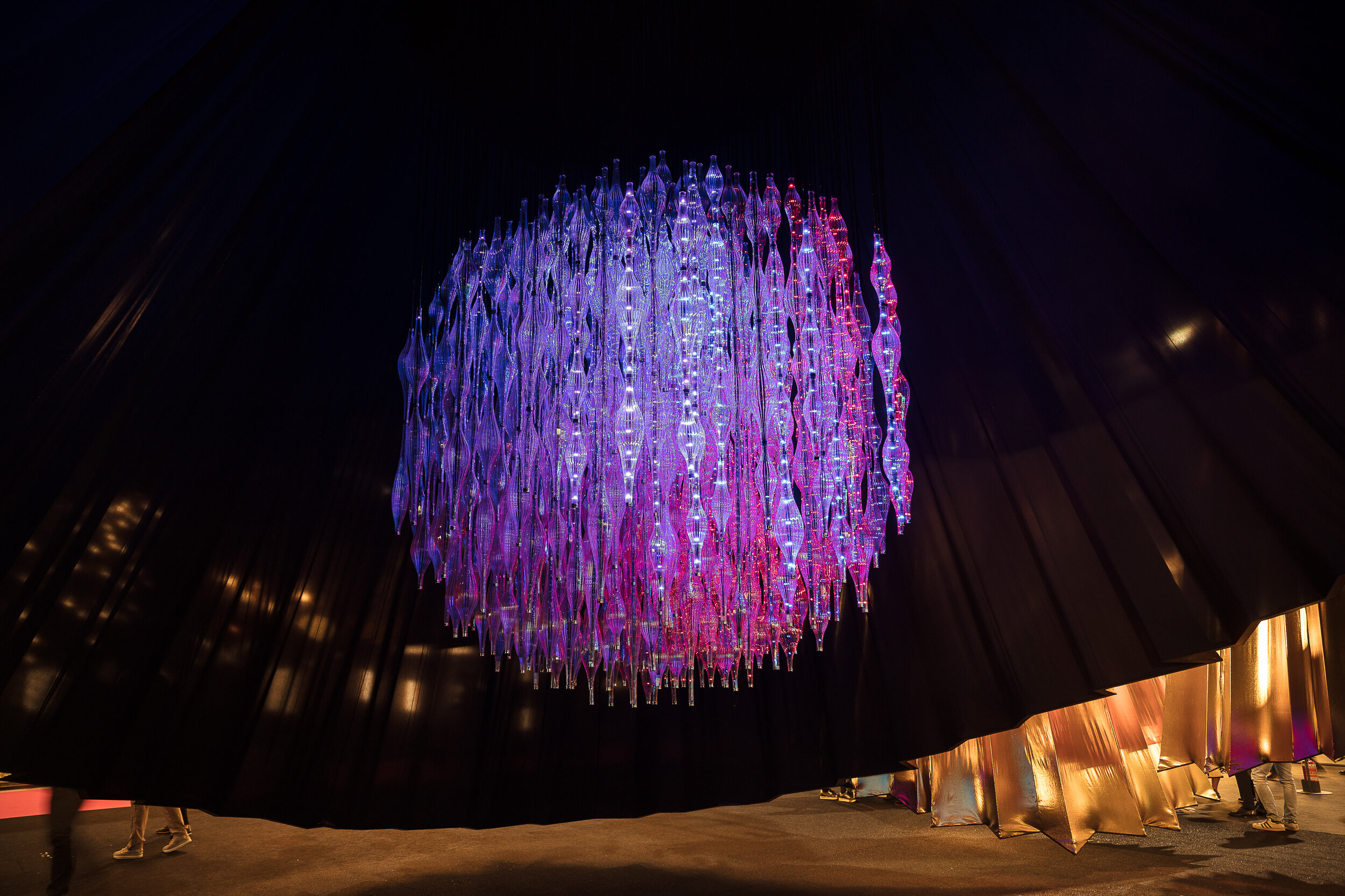 interactive lighting Lasvit installation at Milan Desing week 2019, video courtesy of Lasvit