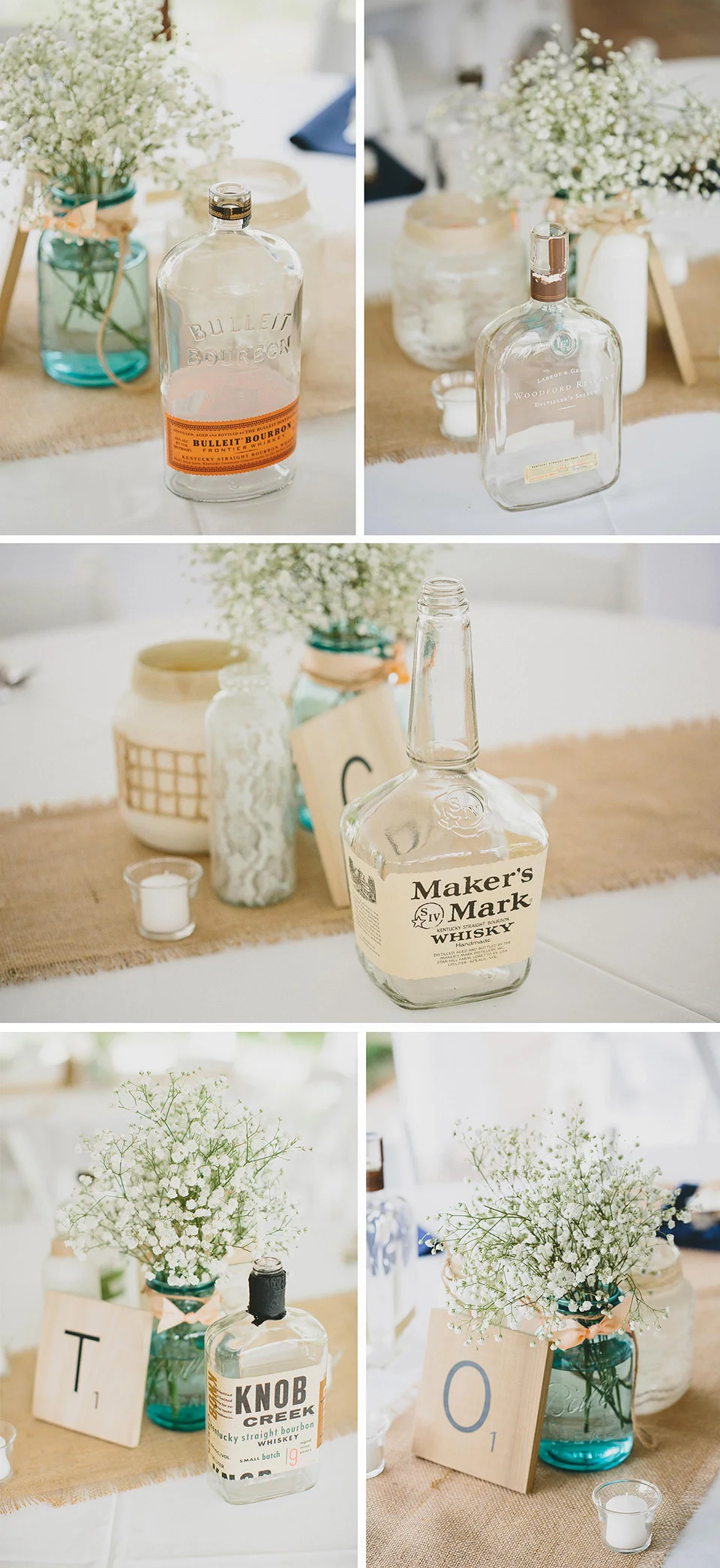 Mason Jars, Burlap, and Bourbon Bottle Center Pieces