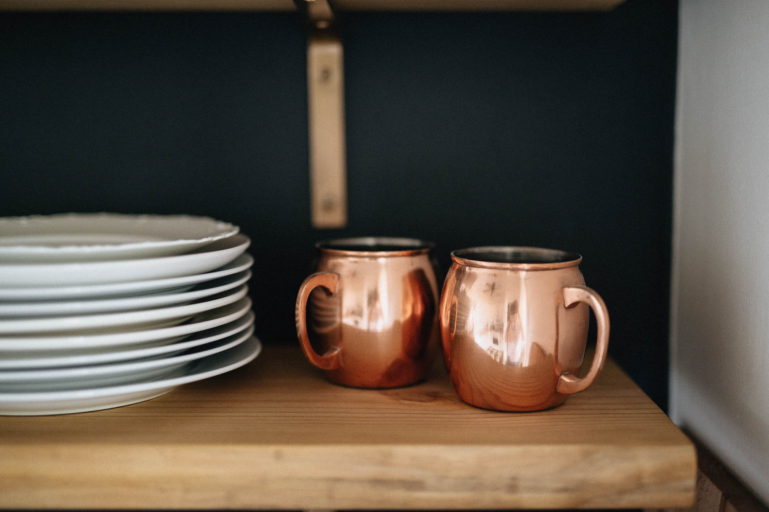 Open Shelves and Copper Mugs