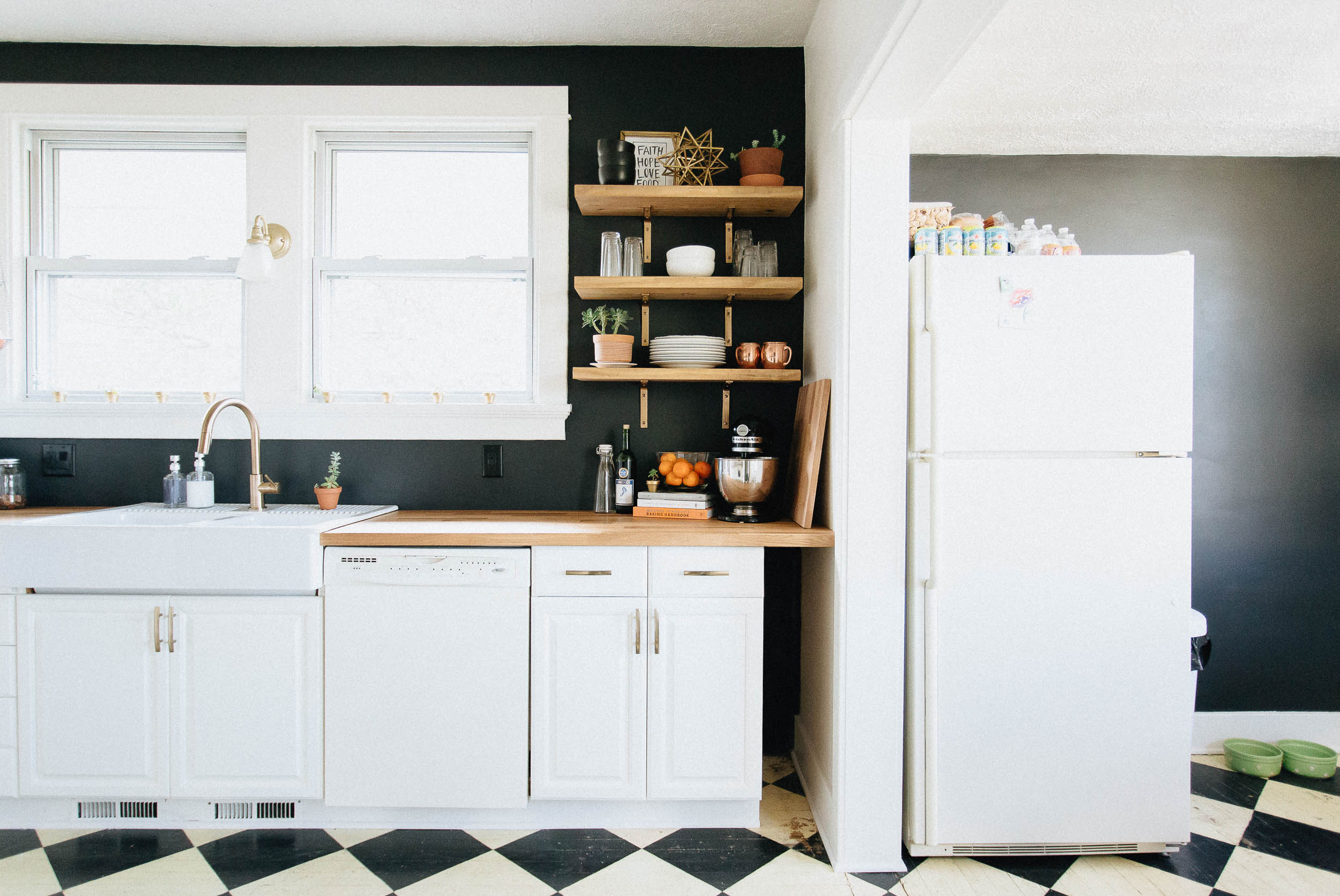DIY Black and White Kitchen with Butcher Block and Open Shelves