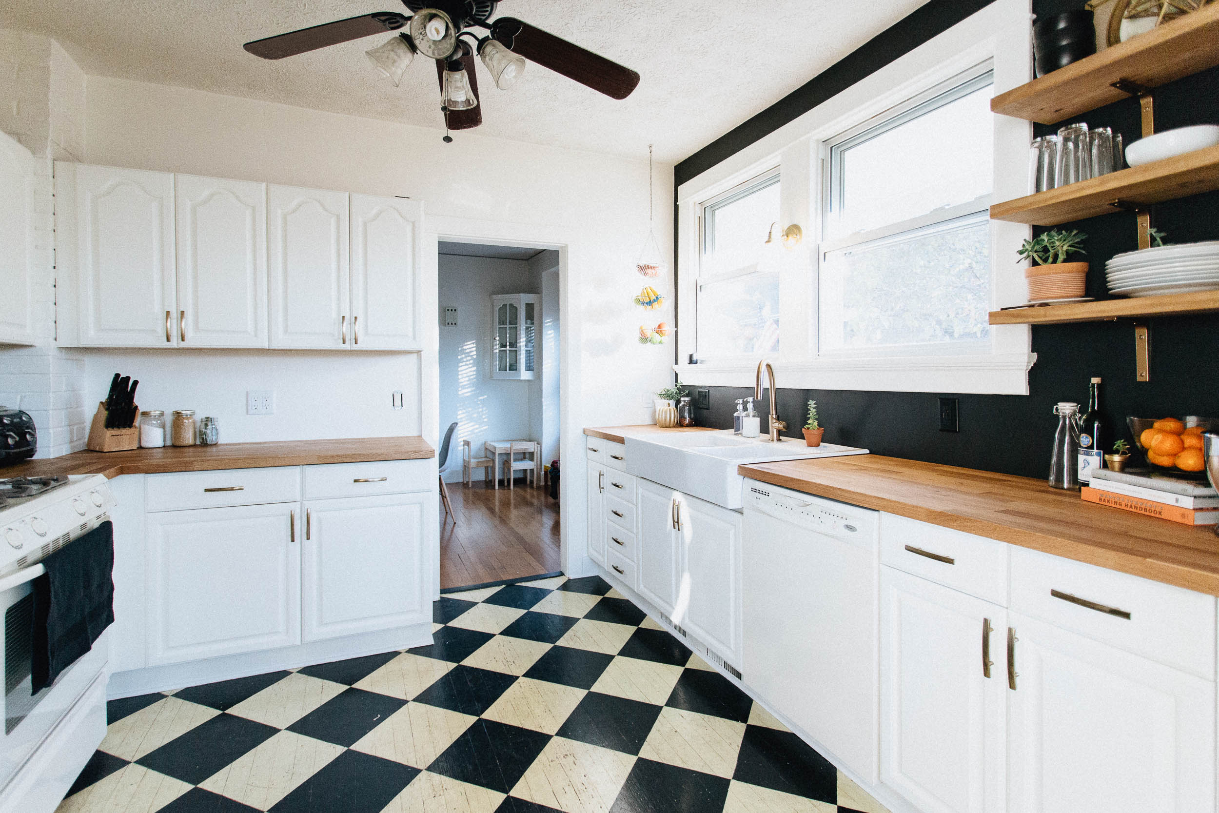 DIY Black and White Kitchen with Butcher Block and Open Shelves