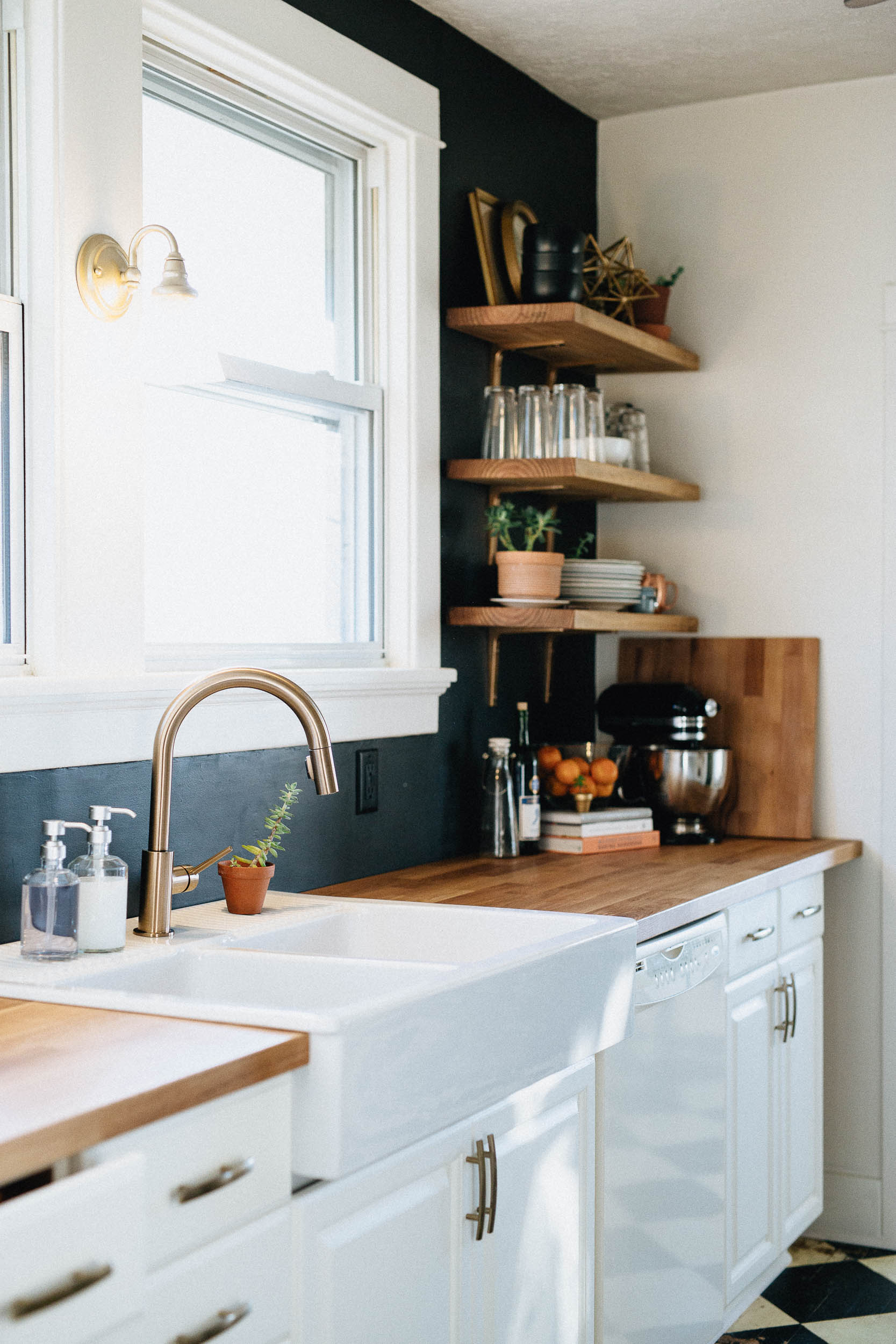 DIY Black White and Gold Modern Kitchen with Open Shelves