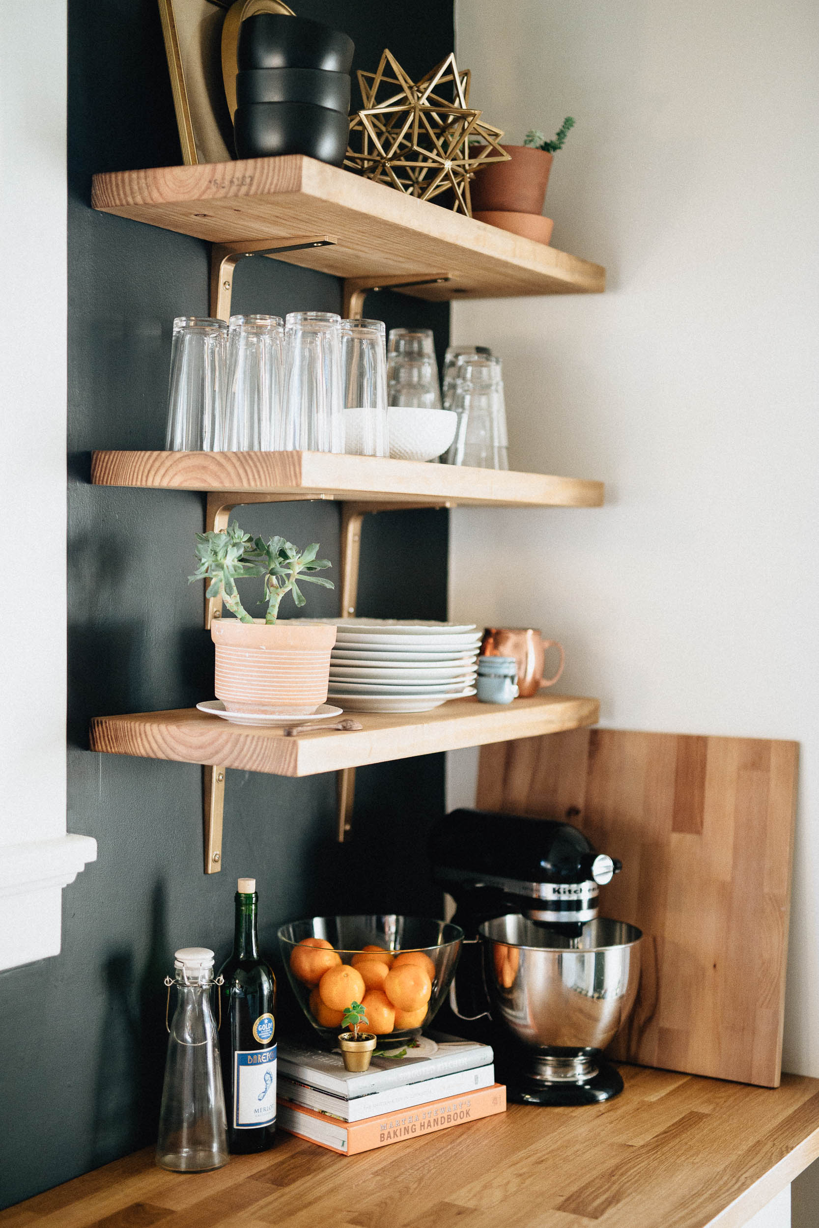 DIY Black White and Gold Modern Kitchen with Open Shelves