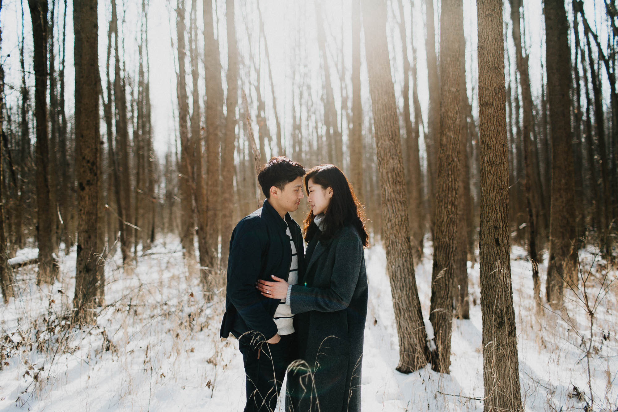 Sunflare Snow Engagement Photos in Walnut Woods