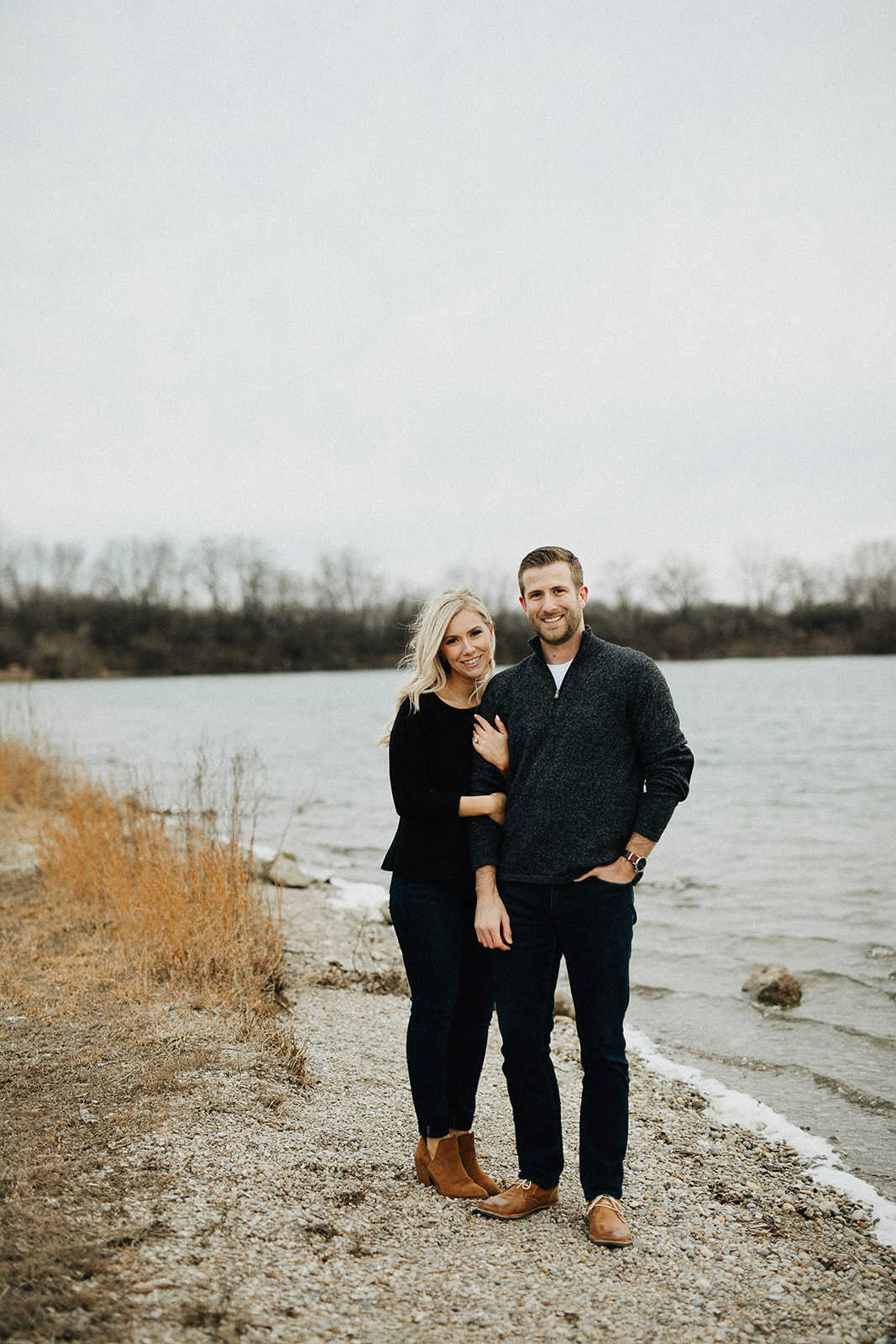 Natural Light Lakeside Engagement Photos with Warm Sunlight
