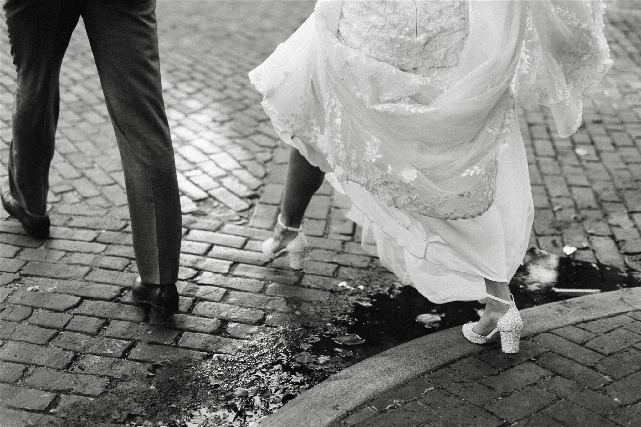 bride and groom stroll in German village