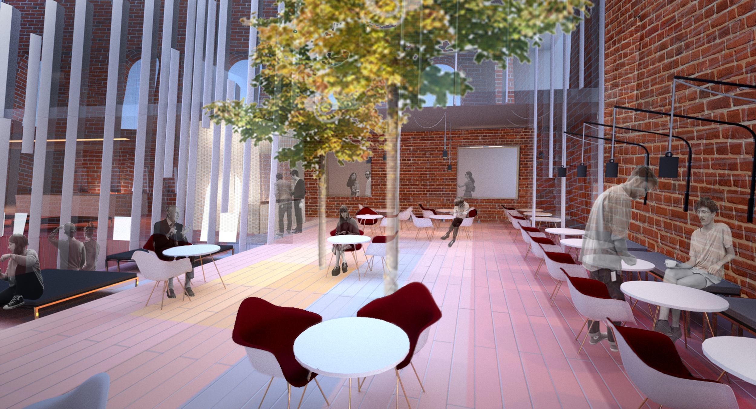  view through the civic space into the café 