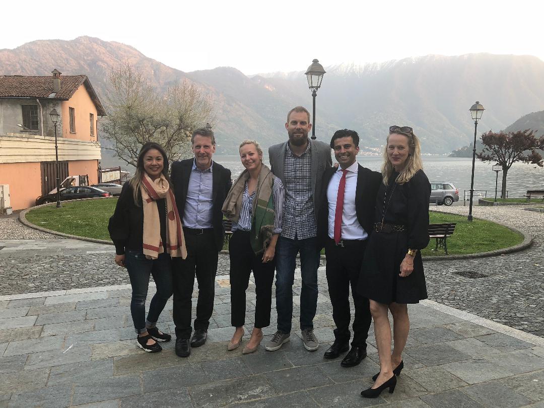 On Lake Como, left to right: Edel Legaspi, Russ, Wendy Haworth, Chris Courts, Anthony Davani of Kreoo, and Ames Ingham