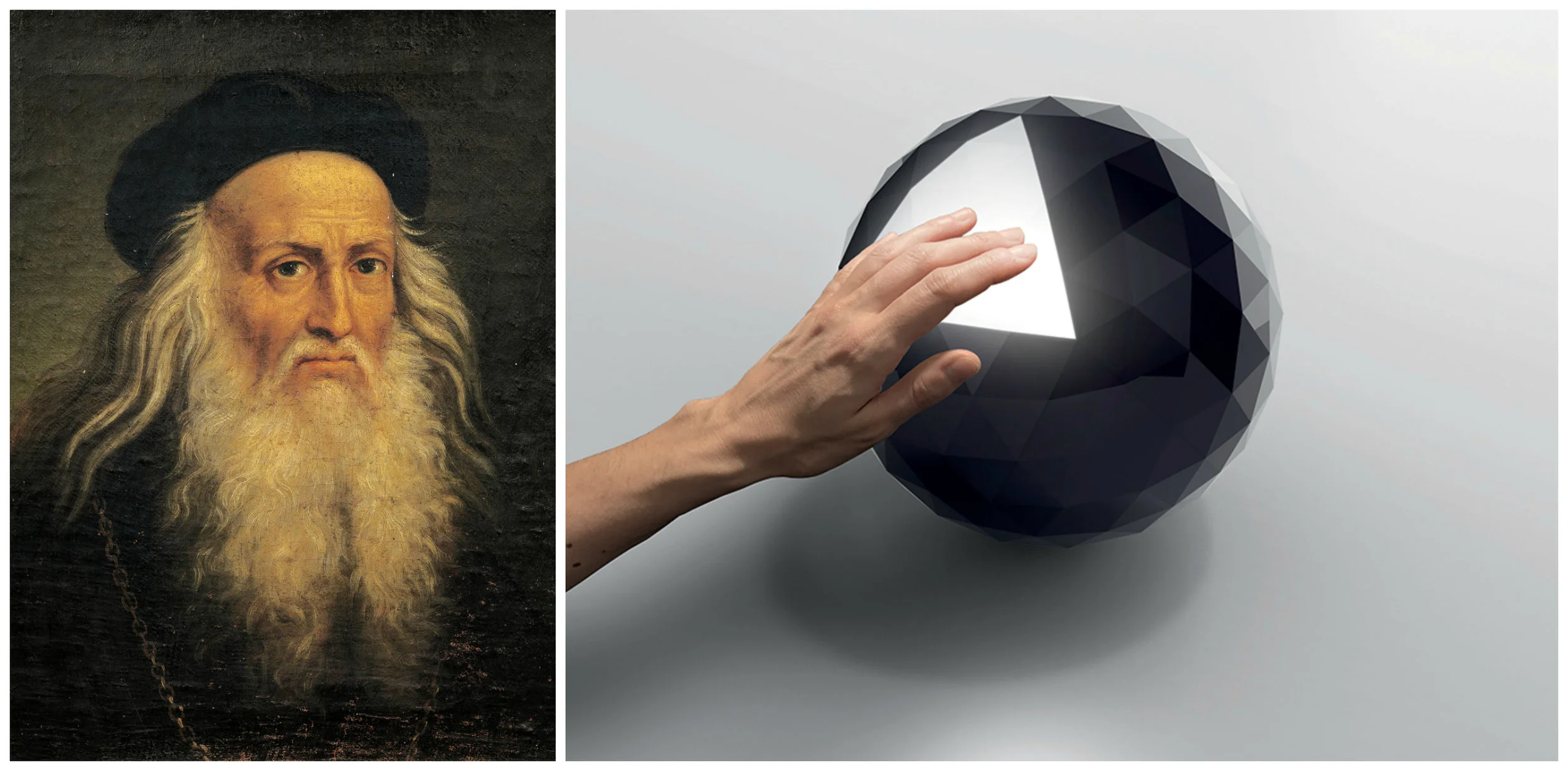 Photograph of a portrait of Leonardo Da Vinci, De Agostini/Getty via National Geographic ; Huara by Artemide, via Metropolis