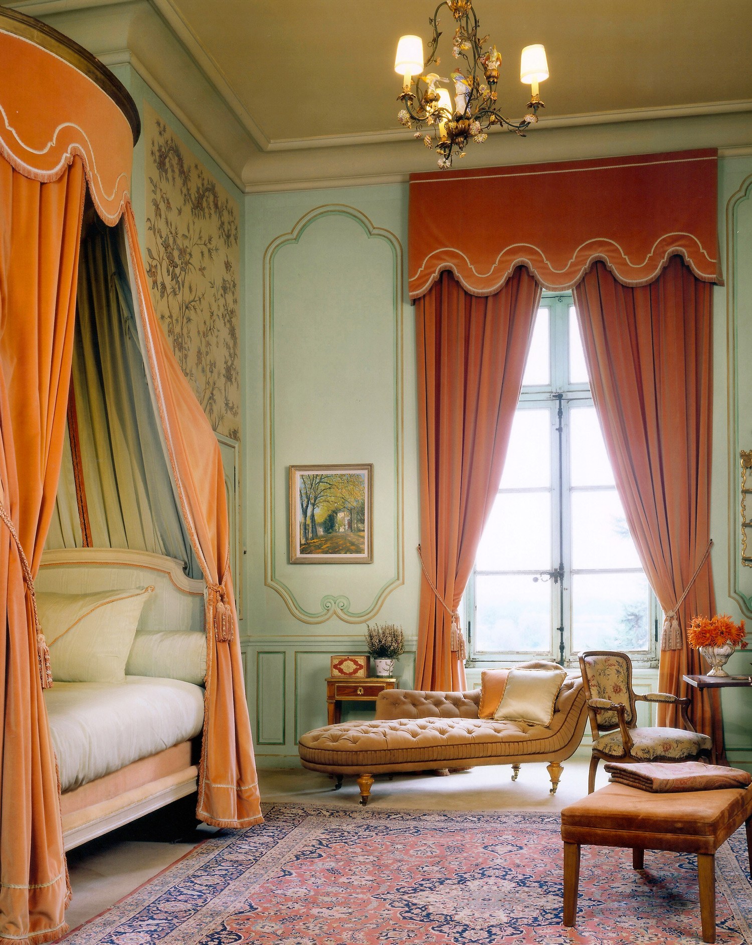   “Often the most unexpected color combinations prove the most interesting and inspiring. We wanted to bring new interest to a classical room, so we contrasted the walls, which were painted celadon, with intense burnt-orange curtains and bed draperies. Unexpected colors in traditional rooms make them seem more approachable and more modern.” Photo: Jim Bartsch  