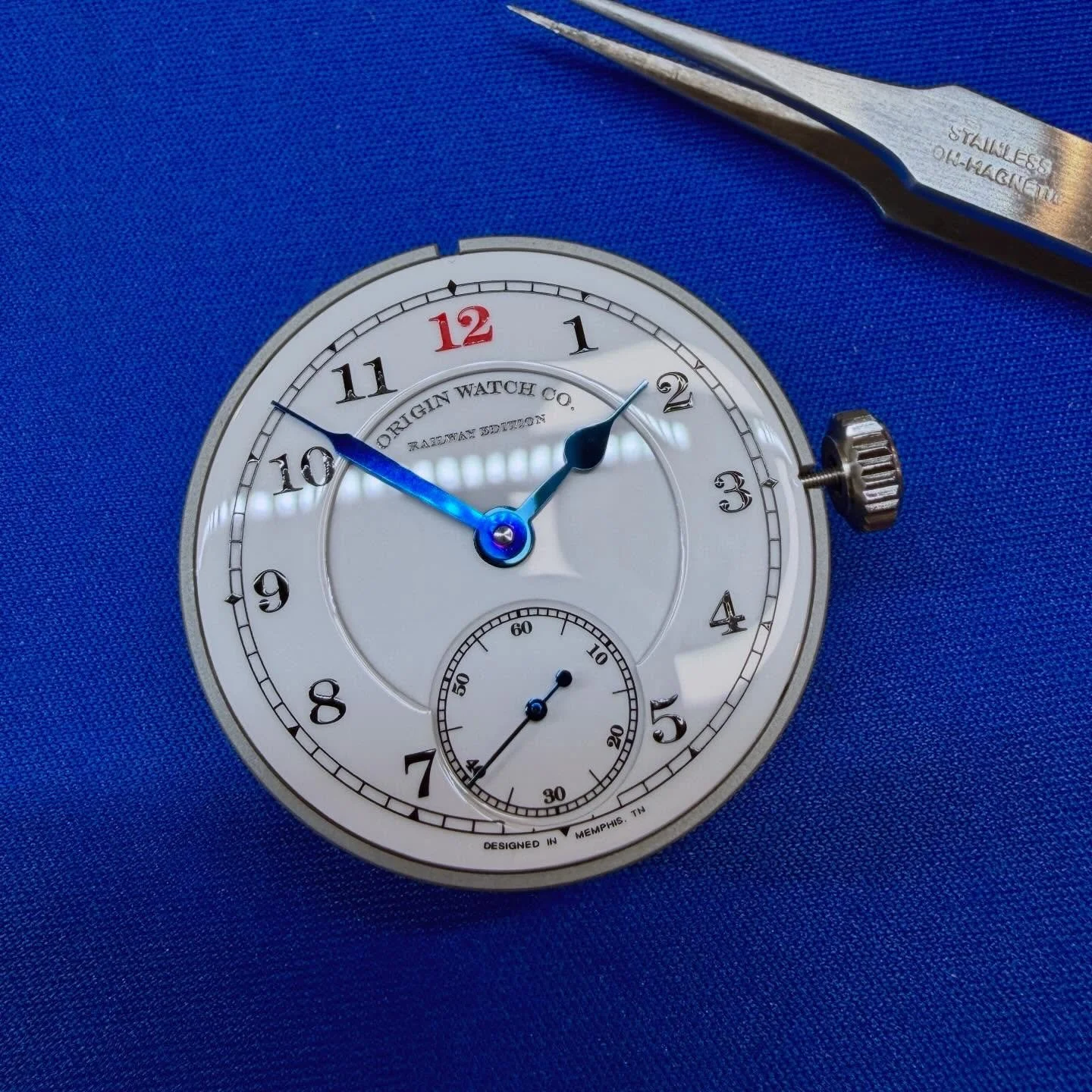 The anatomy of the final stages of the build - blued hands and enamel double-sunk dial, stainless steel casing and crown, sapphire crystal and exhibition caseback last. Now, this #railwayedition is on its way to a first-time customer. #originwatchco
