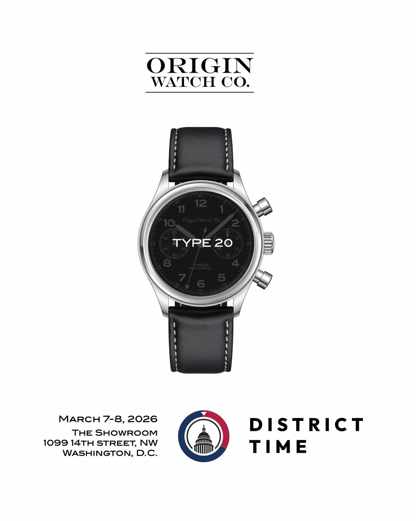 Come see us @districttimeshow in Washington DC this coming weekend March 7-8. We will share our new type 20 designs and take preorders. You can also see in person and purchase our Field Watch and the Railway Edition at a great price. #originwatchco #