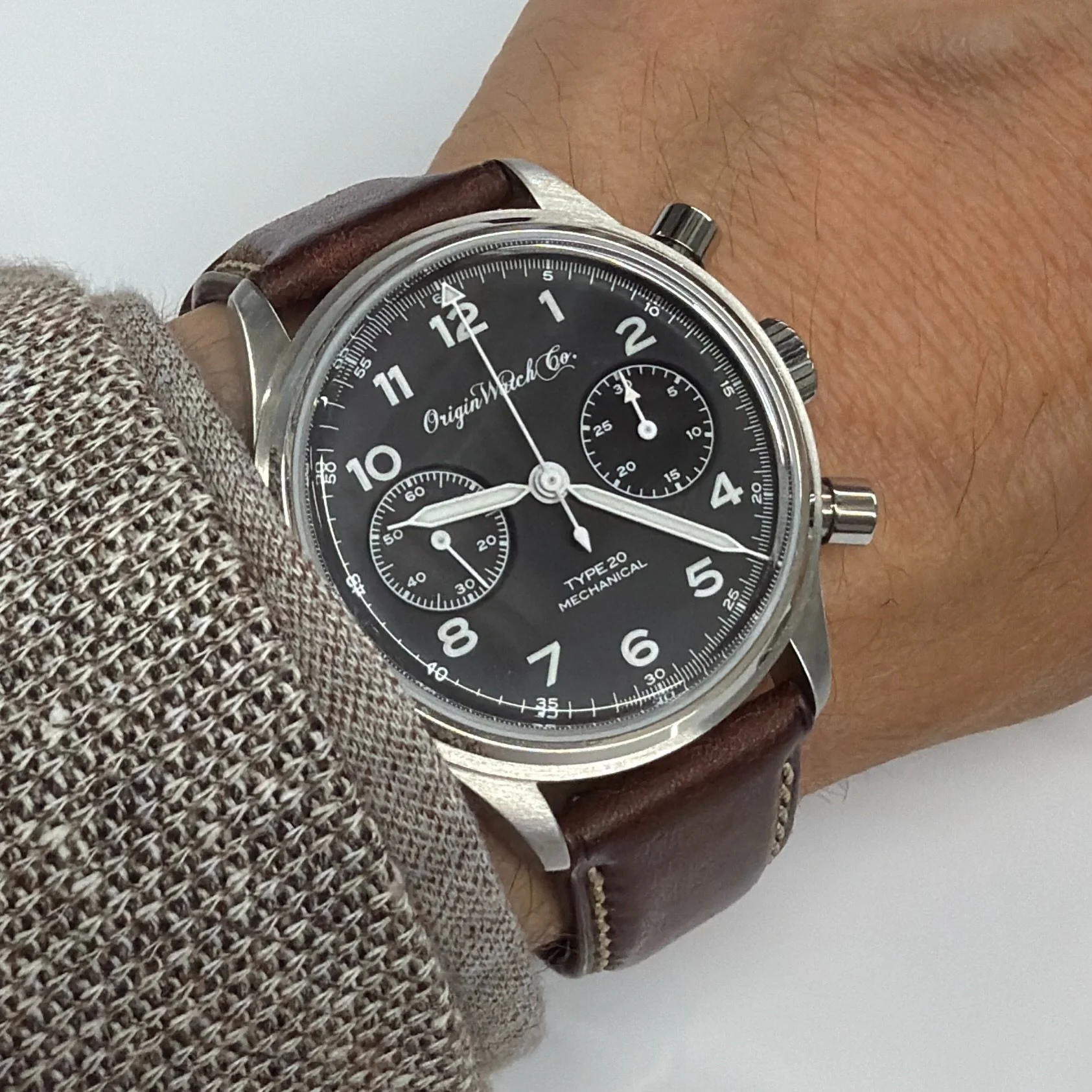 Our #type20 prototype on brown strap for today. #originwatchco #handwound #manualwinding #microbrand