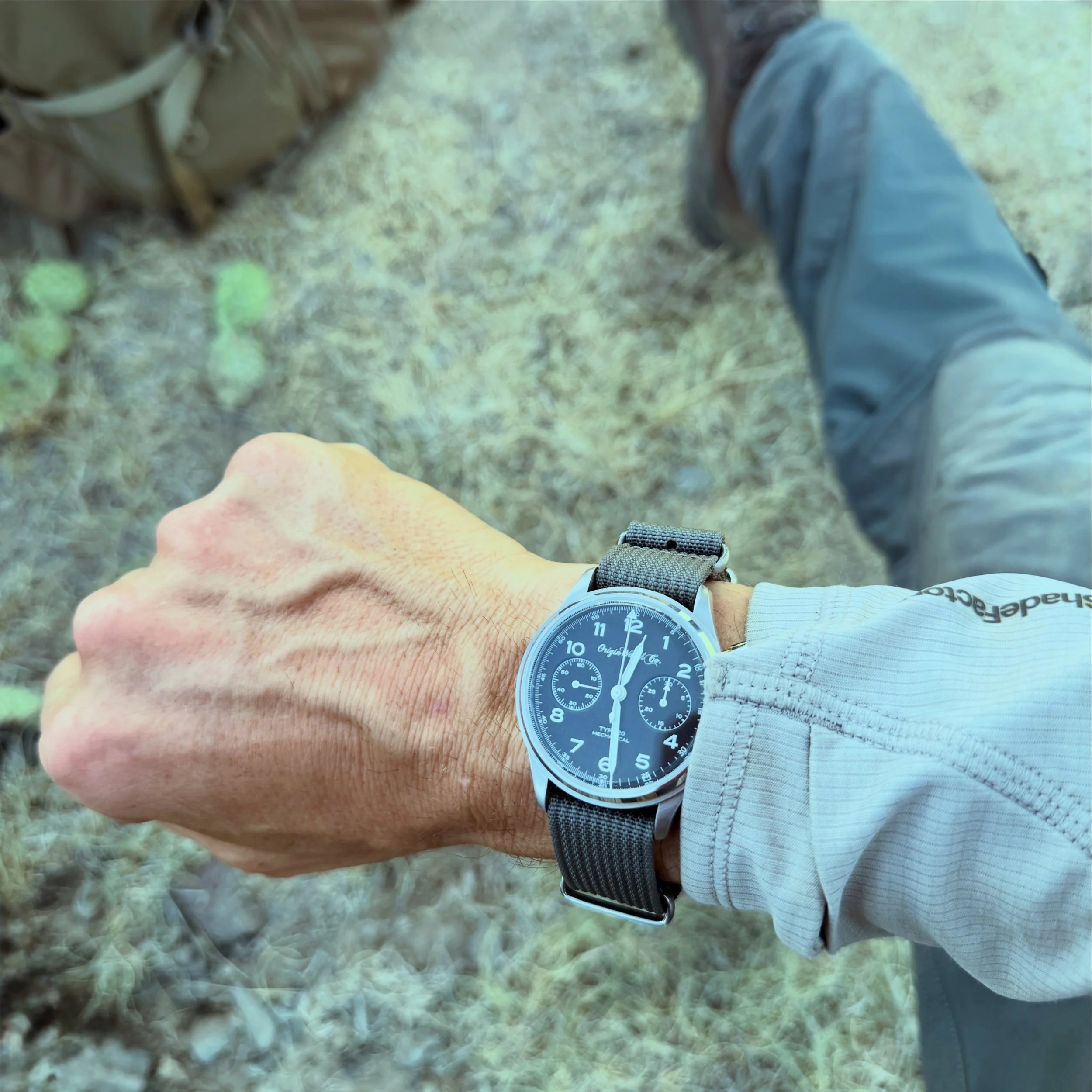 I think our #type20 A&eacute;ronavale looks great with a canvas NATO strap! Testing it during #nrlhunter match in New Mexico this weekend. We may have to consider making this an option #originwatch #chronograph #watchmaker