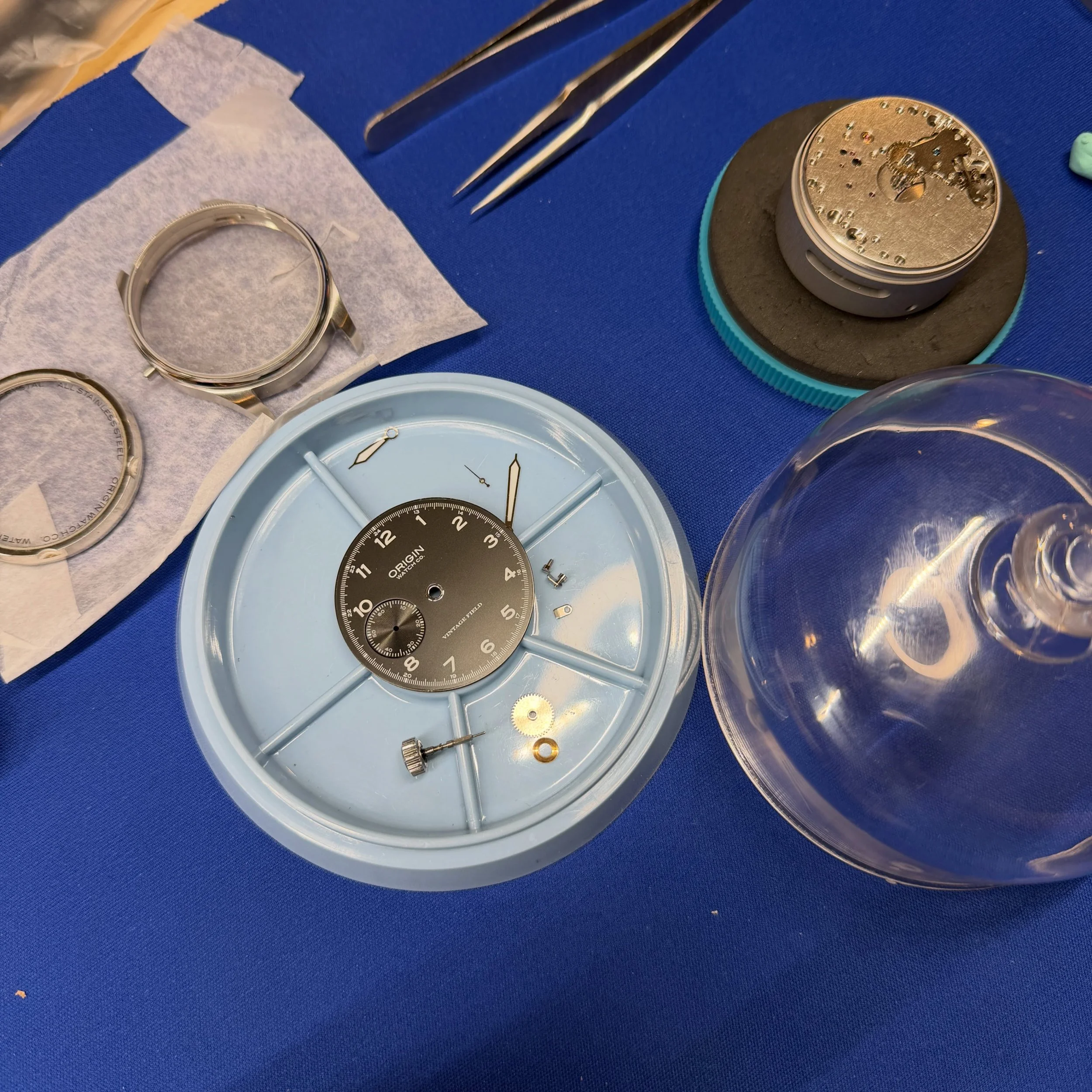 Working on a repair for a customer who accidentally dropped his Vintage Field. We can take care of some movement issues for our customers. Some repairs are quick, others take time if we have to get parts from overseas. This one will be back in good w