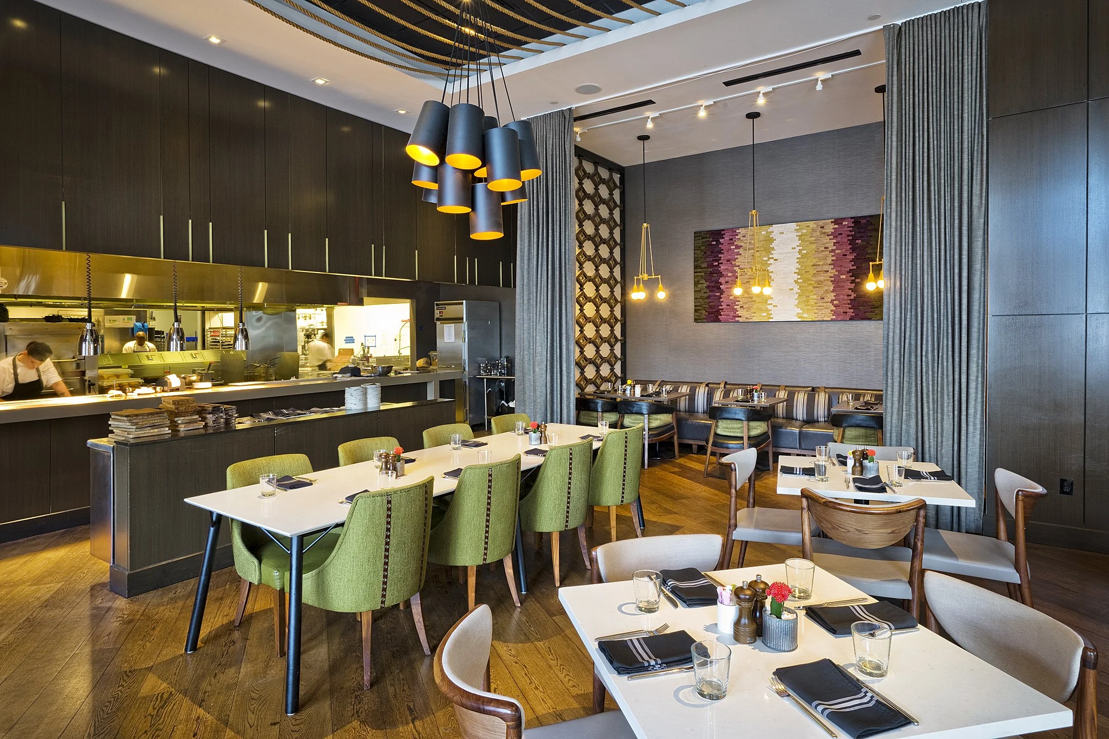 Main dining room at Stella San Jac Restaurant at The Westin downtown Austin, TX.  Interior Photography by Leslie Parrott