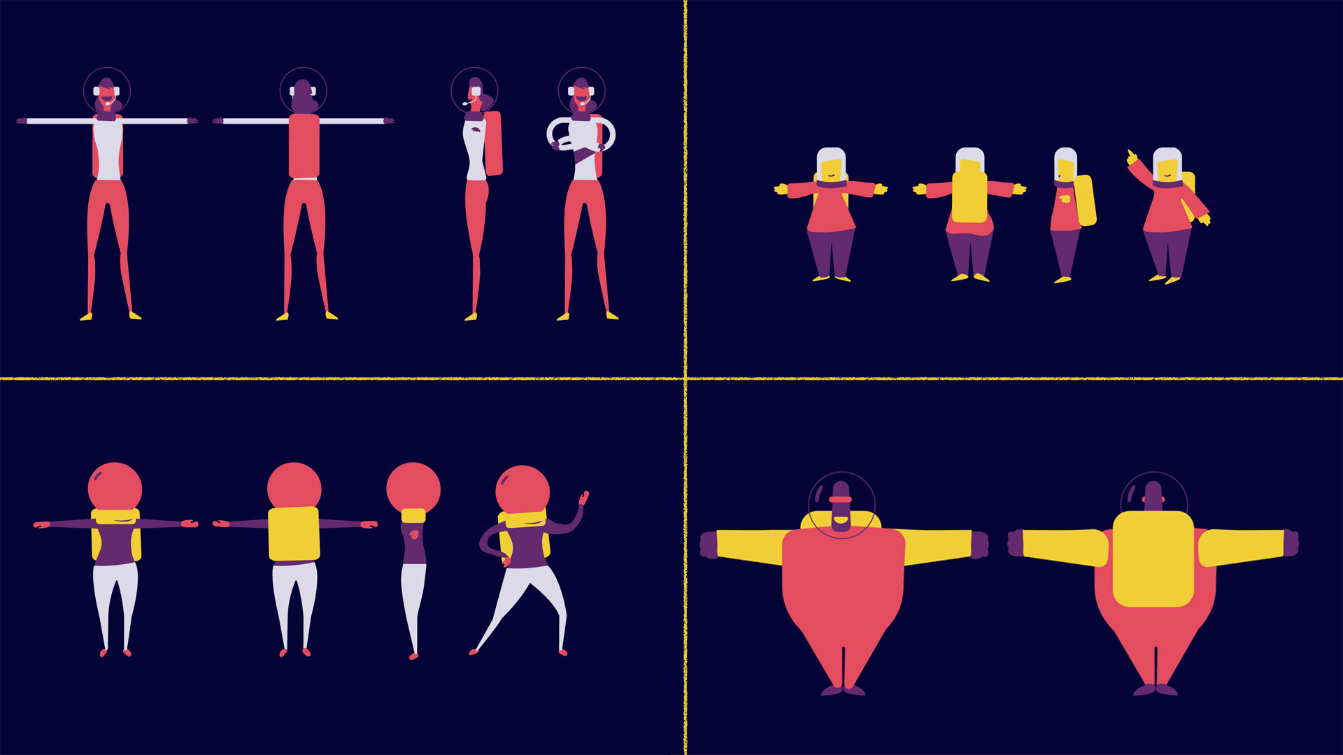 Knowing the anatomy of the characters was crucial when the design phase was complete and I had about 4 weeks to complete the animation. The completeness of their character and personality enabled the execution of several new shots added in the eleventh hour, final moments of production. The substantial amount of exploration completed for the character designs was new to my process, and ultimately beneficial.