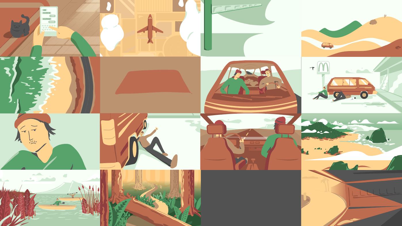 Varying the composition and color densities across the film helped me decide which shots would take the most time, as well as which ones would have the most emotional impact. Color choices across the storyboards were made in for the same reason: from pale, empty greens in the broken down van section to the somber brown, black and grey toward the end.