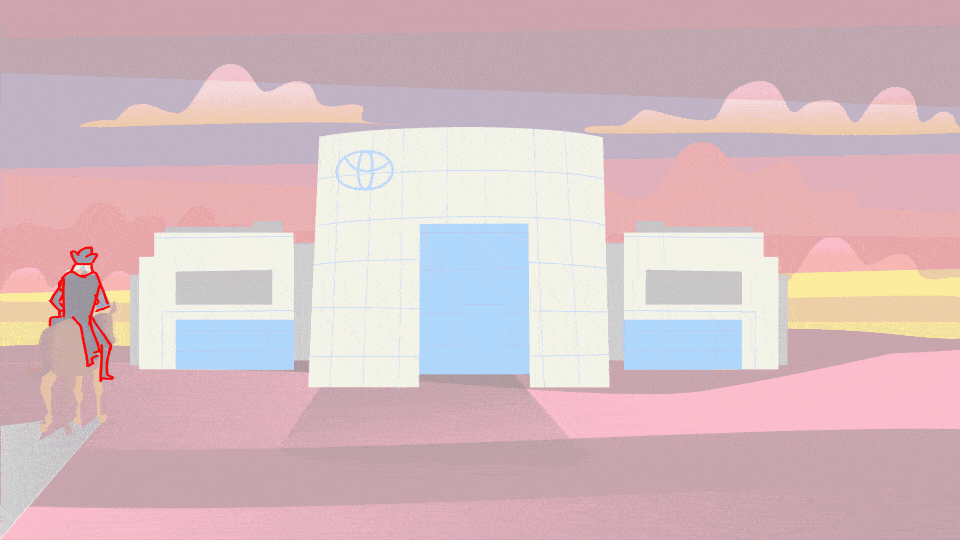  Animating the dealership shot was a back and forth between designer  Kirksey  and me. I laid the initial composition framing down, and he roughed out a design. I roughed out an initial animation pass based on our concept, and he finished the design.