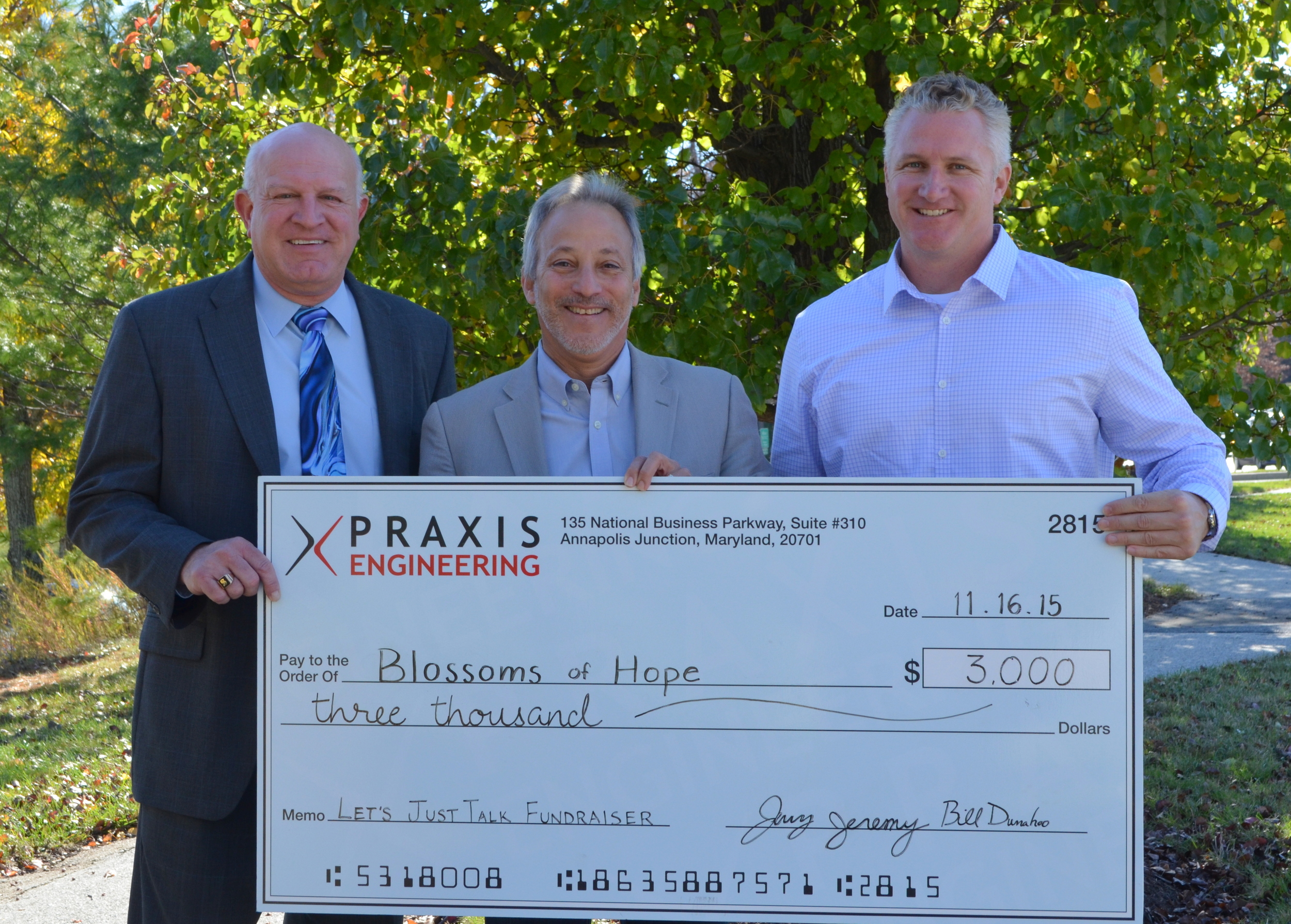 Praxis Engineering donated $3000 to Blossoms of Hope in October 2015 for Breast Cancer Awareness Month. Pictured: Jerry Schepers of Praxis Engineering, Joe Barbera of Blossoms of Hope, and Ross Hecox of Praxis Engineering