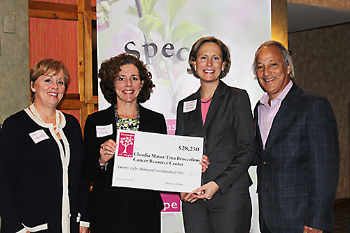 Jan Hines (HHF), Karen Davis (HCGH) and Elizabeth Edsall Kromm (HCGH) accepting check on behalf of Claudia Mayer Tina Broccolino Cancer Resource Center from Joe Barbera (BOH Board Chair).