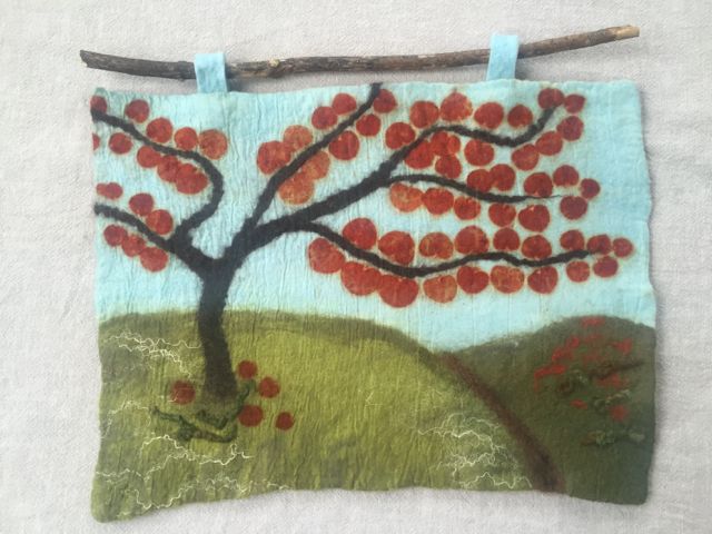 Wet felted wall hanging, eco printed with eucalyptus.