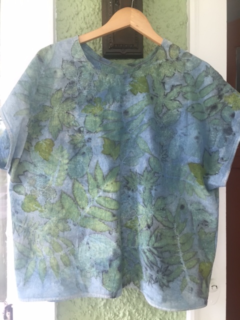 A top I made from two cotton floursack towels. Indigo dipped, eco printed. 