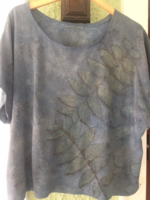 Silk noil top, indigo dipped and printed with walnut and smoke bush leaves.