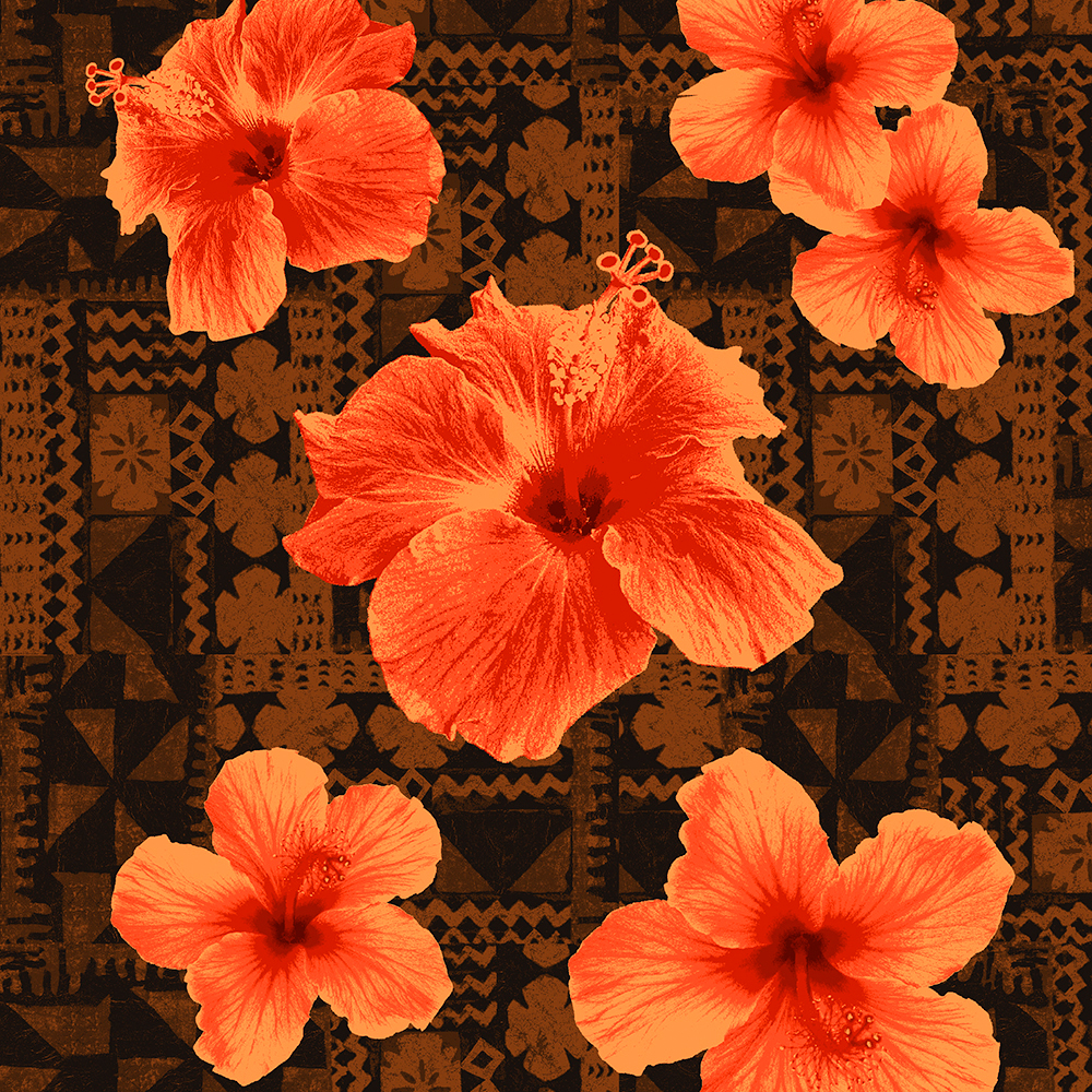 Kalalau Tapa Hawaiian Hibiscus Vintage Aloha Print - Orange on Brown