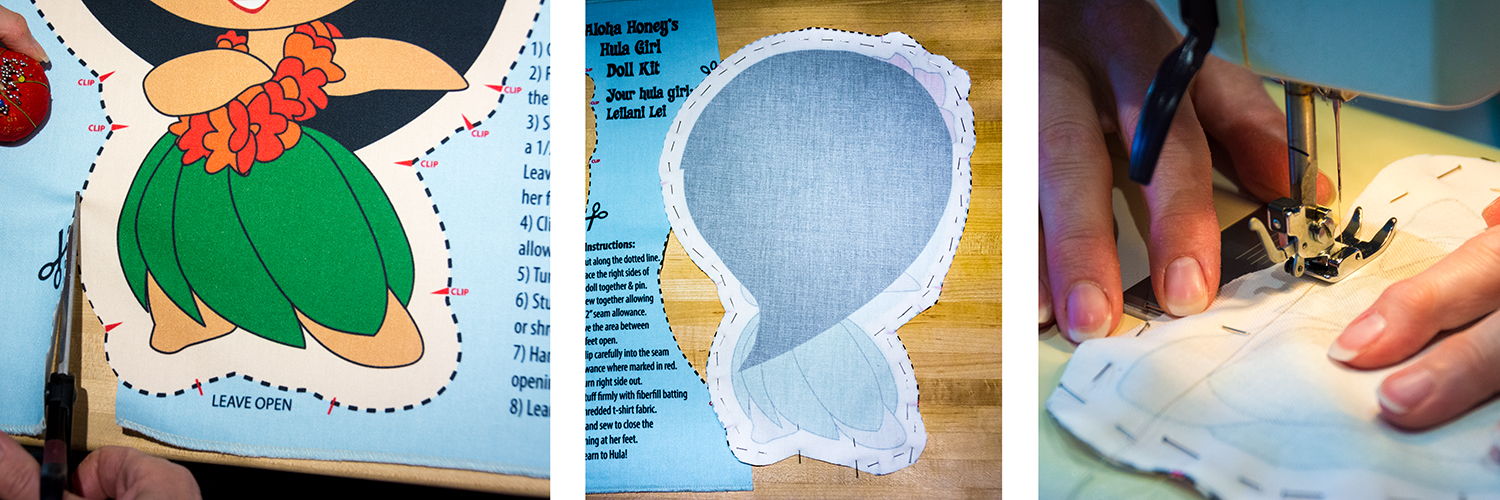 Each doll is easy to cut out. Pin together the front and the back, then sew! Complete directions are printed right on the doll kit.
