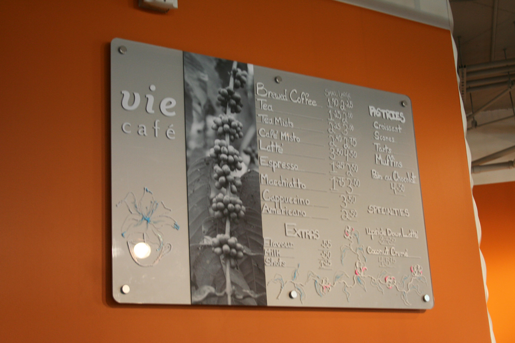  Vie café wall plexiglass sign with logo and image decal . Areas left blank for customizing the menu and daily specials. 