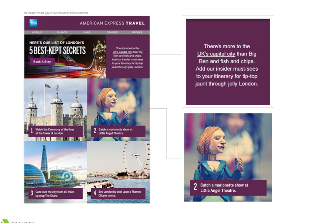 City-centric email concepted to invite adventurers to try a not-for-tourists trip curated for them by the experts at American Express Travel. Click the plus sign in the upper right-hand corner of the image to zoom.