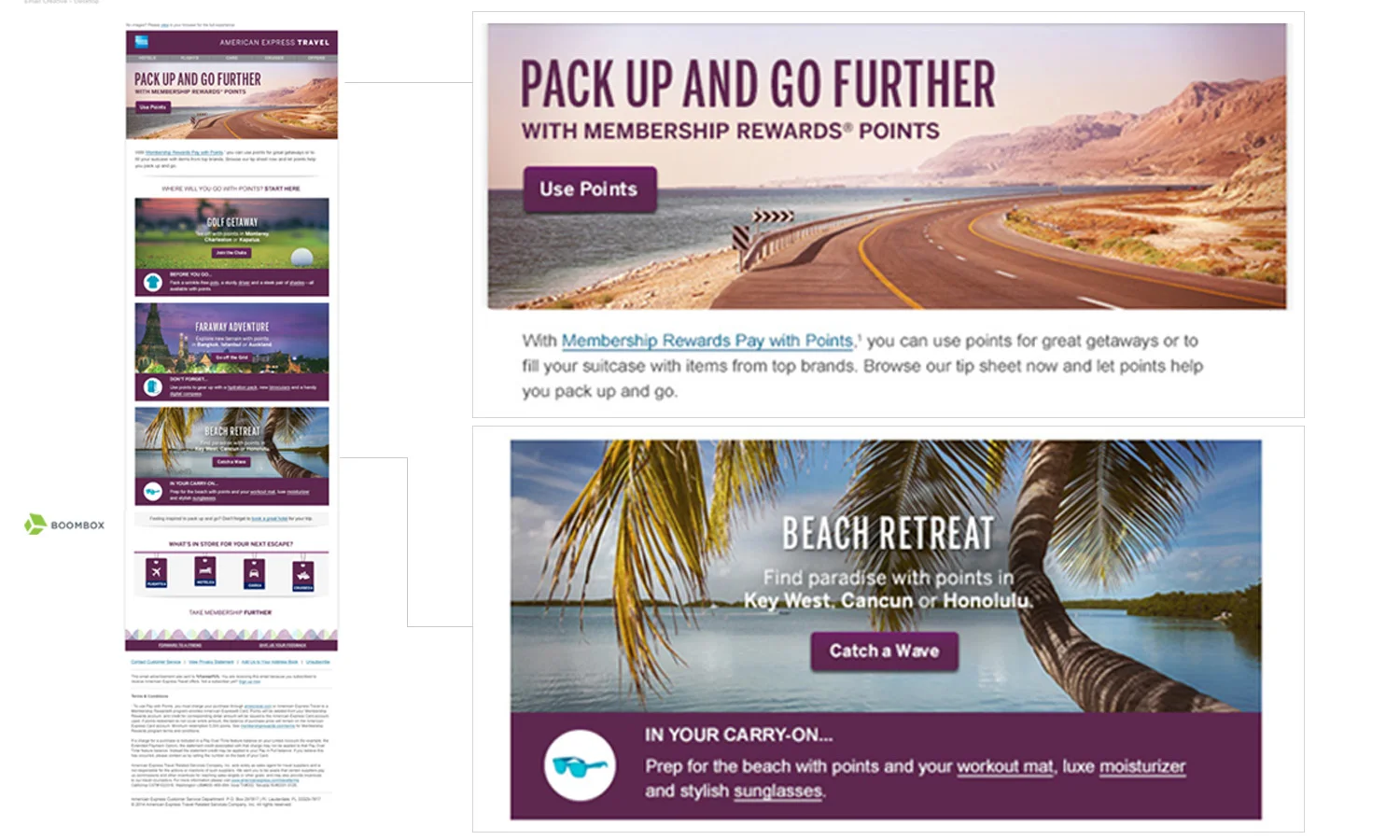 Part of an email series aiming to depict American Express Travel as an expert in curating meaningful, personal travel experiences not just for businesspeople on the go. Click the plus sign in the upper right-hand corner of the image to zoom.