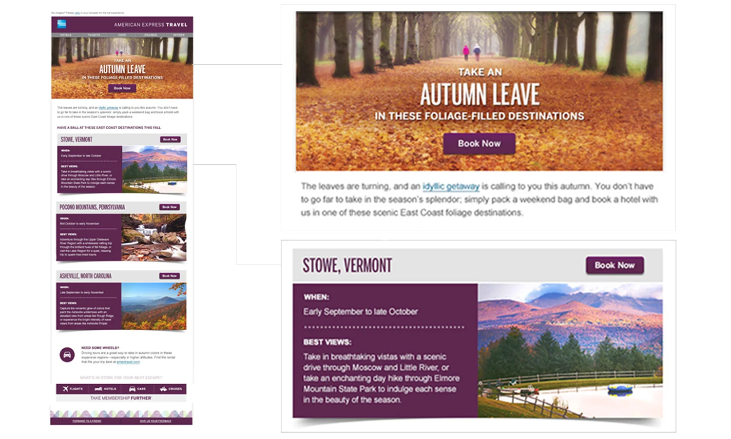 Part of an email series aiming to depict American Express Travel as an expert in curating meaningful, personal travel experiences not just for businesspeople on the go. Click the plus sign in the upper right-hand corner of the image to zoom.