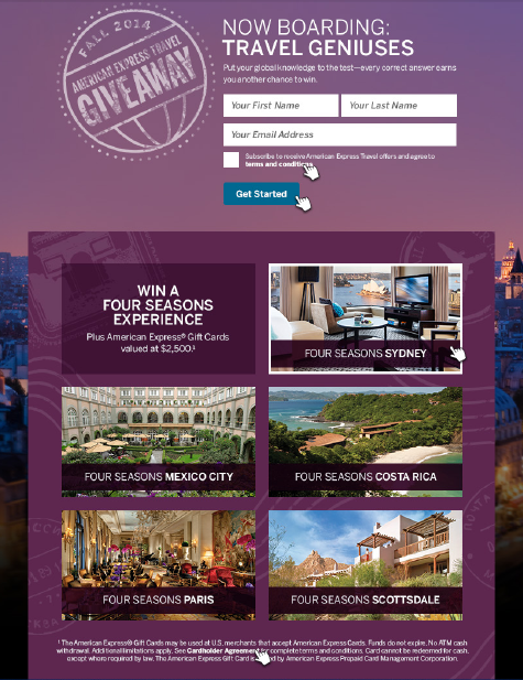 A promotional trivia contest coupled with an advertorial magazine concepted to help build upon American Express Travel's identity as an expert in curating meaningful, personal travel experiences not just for businesspeople on the go. Click the plus sign in the upper right-hand corner of the image to zoom.