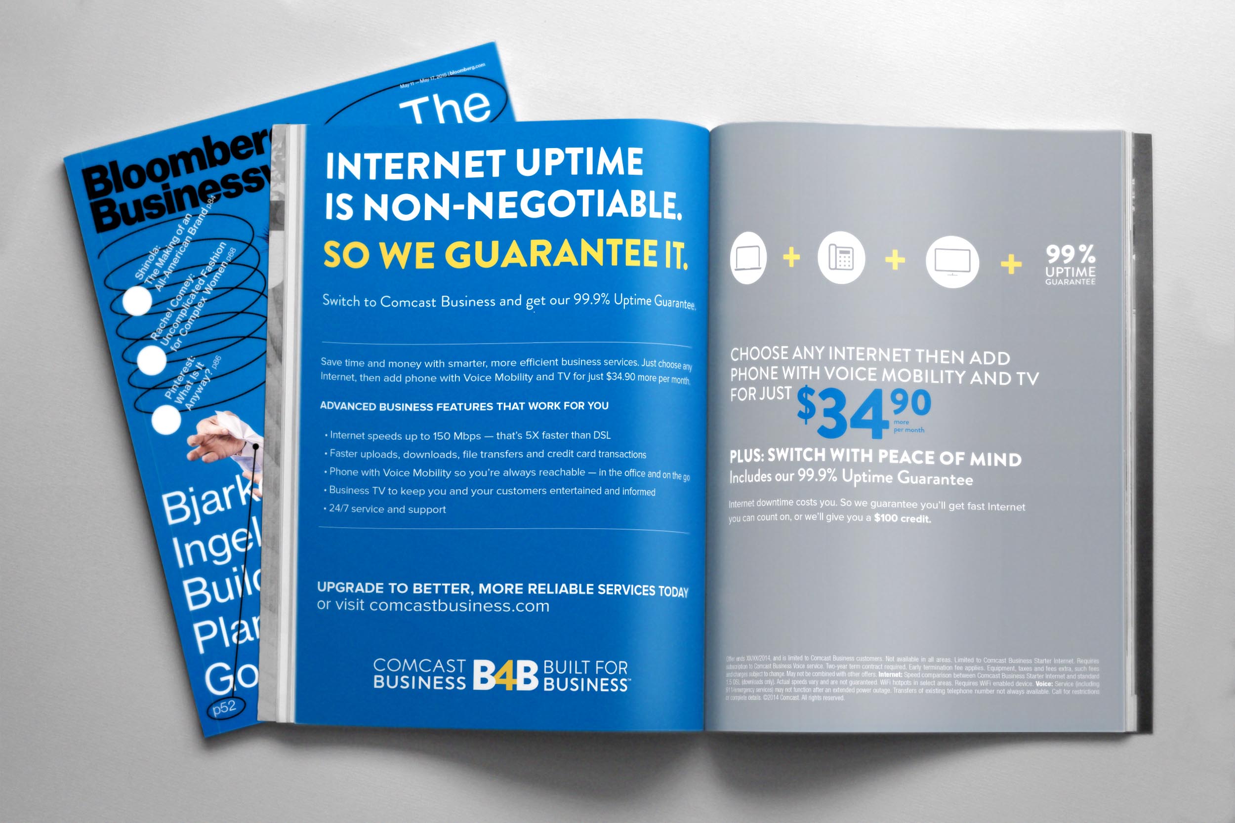 In today's data-forward business landscape, Internet uptime isn't an option. In this print piece, Comcast Business reassures entrepreneurs that a 99.9% Uptime Guarantee is built into every Internet bundle.