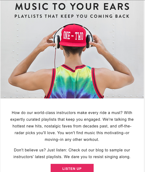 An example of an email to the Peloton riders database. Rich content like Instructor-created Spotify playlists help engage riders, keep them motivated, and feel closer to their instructors.