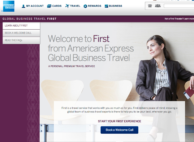 The First travel concierge is a premium service offered only to high-level corporate American Express accountholders. This is the landing page and inquiry site. Click the plus sign in the upper right-hand corner of the image to zoom.