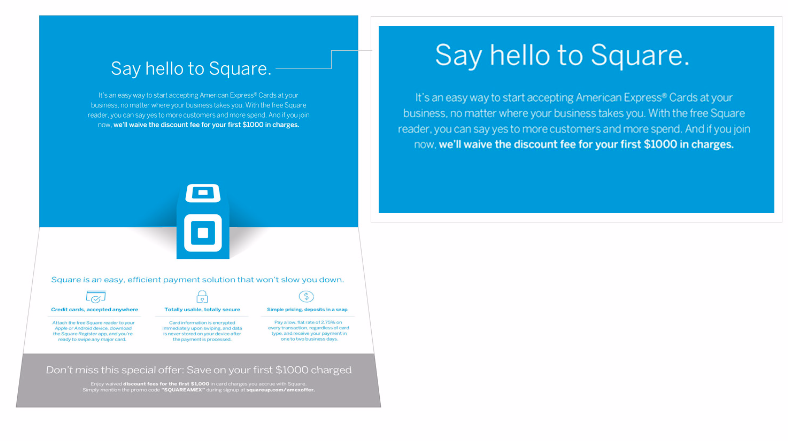 Full reveal of mailer sharing a modern new benefit for American Express Canada merchants: a partnership with payment processing app Square.