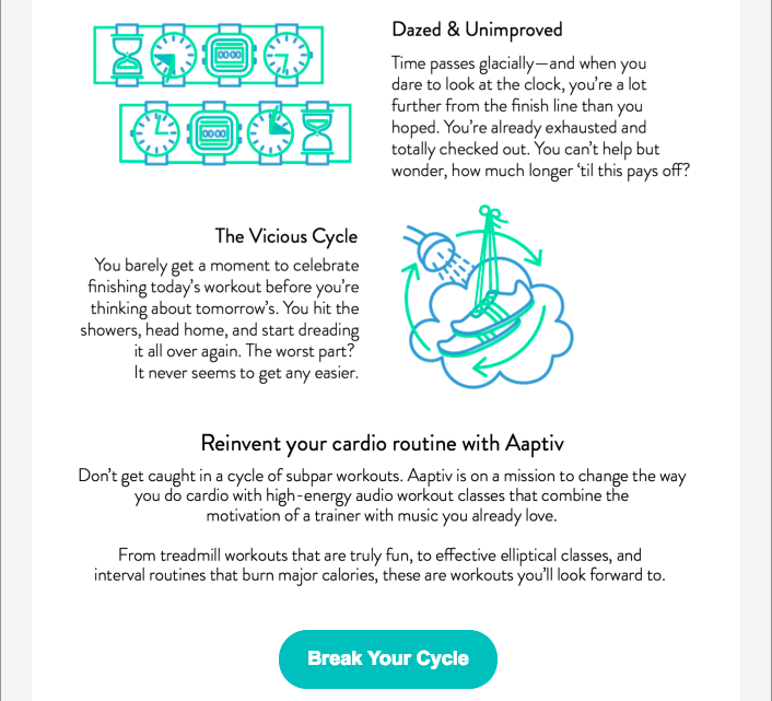 Part 2 of an editorial-style email promoting Aaptiv as the solution to some of the many issues that cause novice gym-goers to fall off the wagon and abandon their fitness habits.