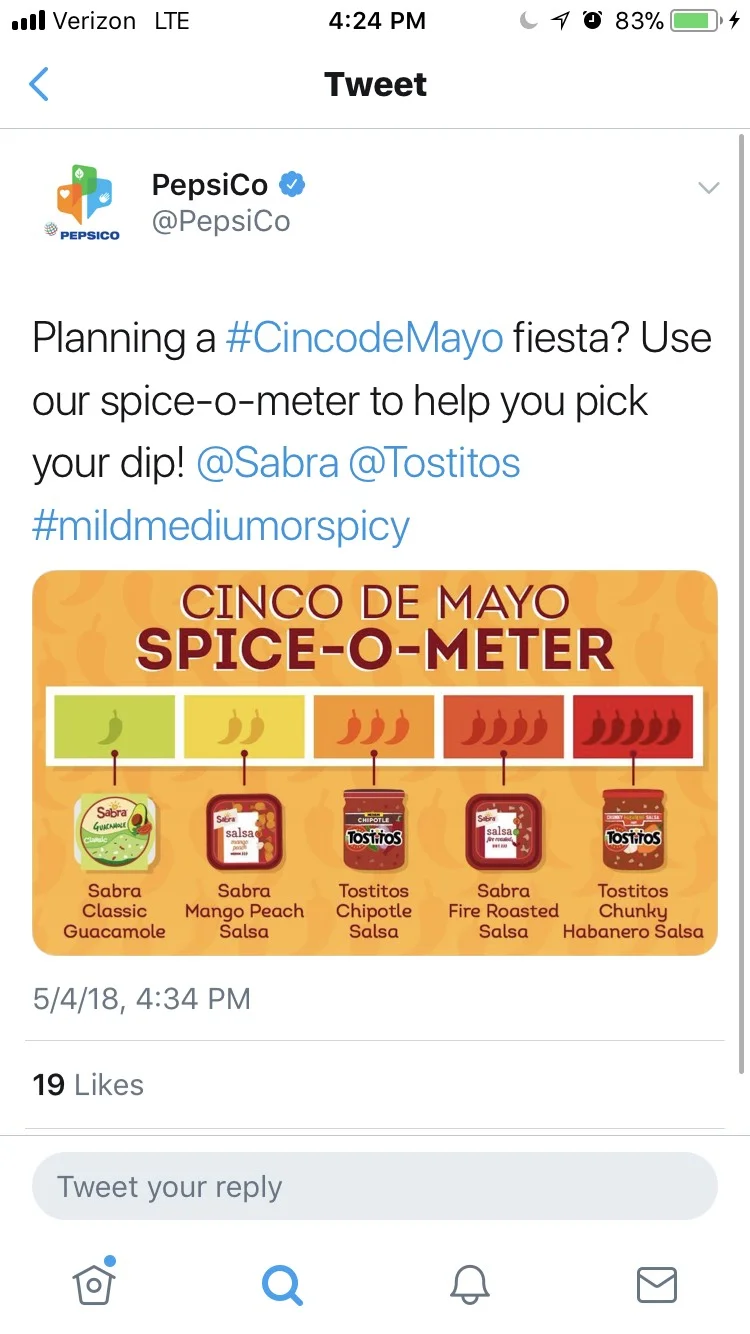 PepsiCo has the market cornered on salsas and dips, perfect for a Cinco de Mayo celebration. We concepted this “spice-o-meter” to help followers find the perfect salsa for their preferred spice level.